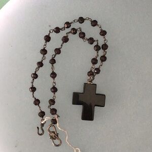 Black Jet Cross Necklace with Faceted Garnet Beads